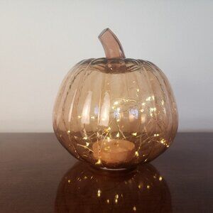 Glass pumpkin with fairy lights inside | Harvest Fall Autumn Thanksgiving Decor